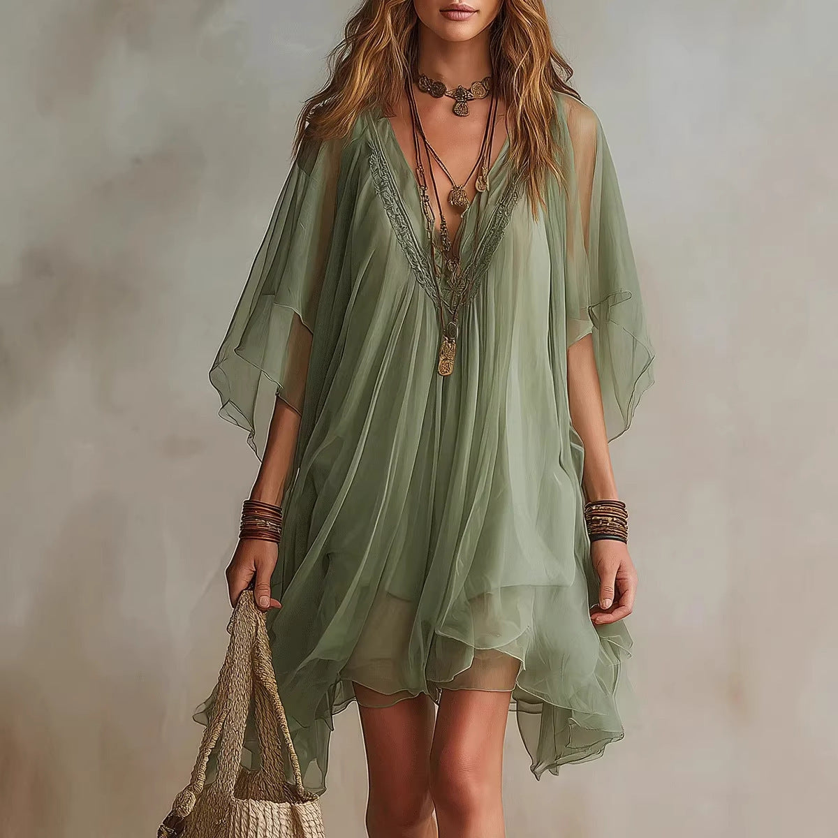 Women's V-Neck Chiffon Batwing Sleeve Boho Resort Dress