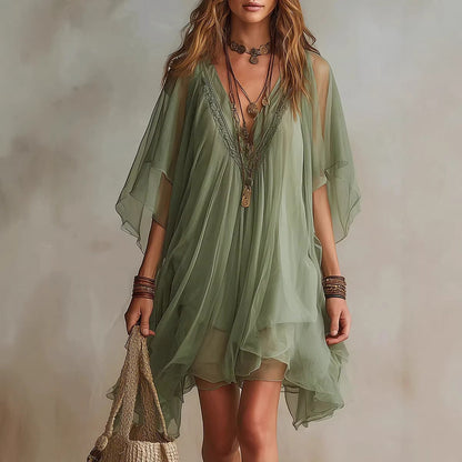 Women's V-Neck Chiffon Batwing Sleeve Boho Resort Dress