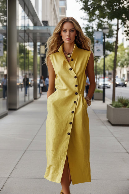 Women's Slim-Fit Sleeveless Stand Collar Pleated Midi Dress