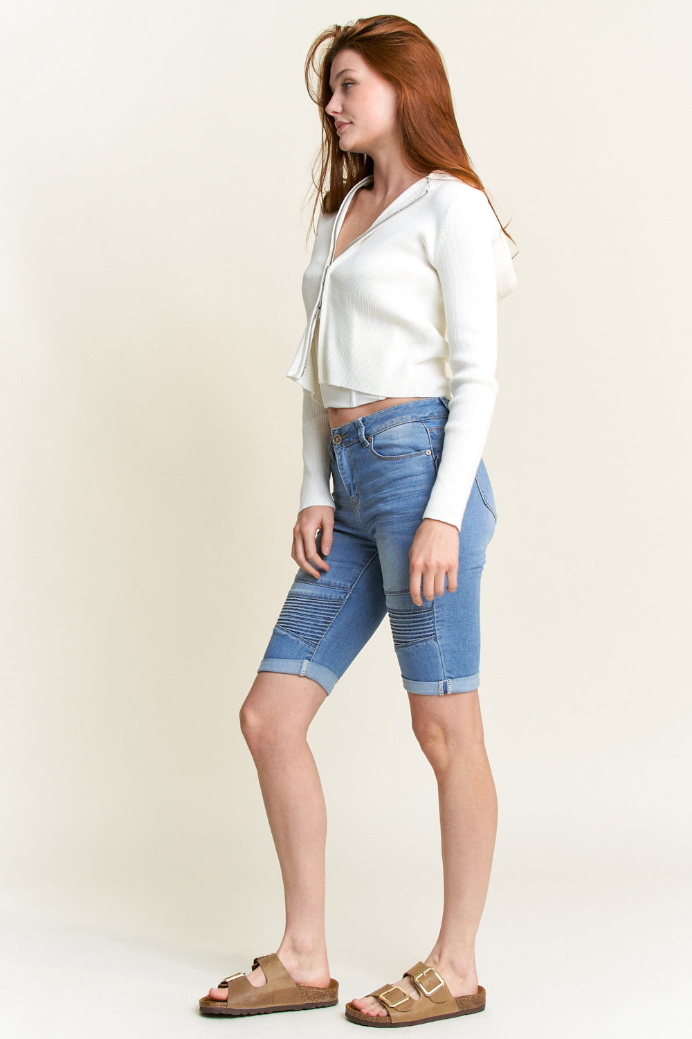 Mid Rise 5 Pocket Bermuda Denim Shorts