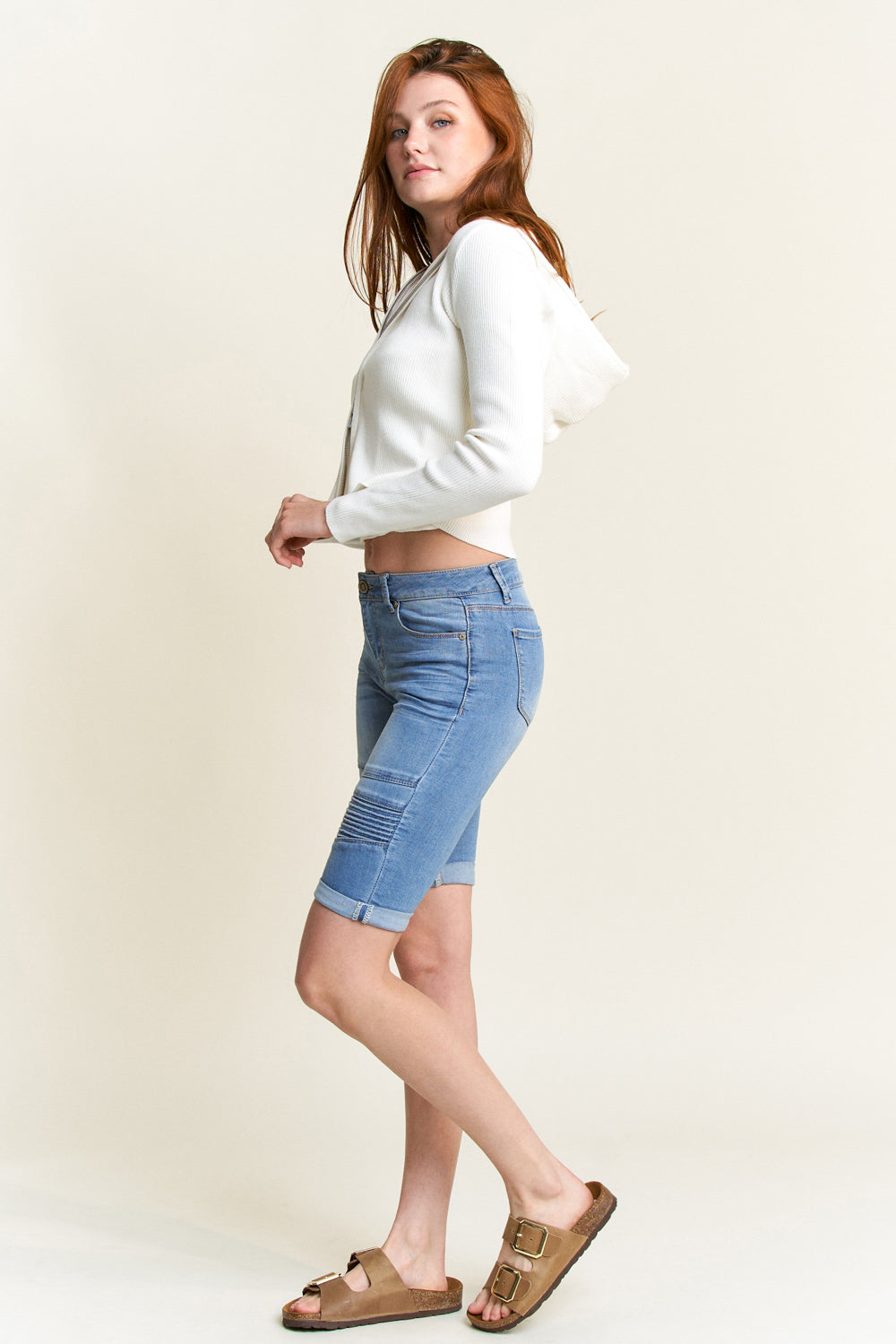 Mid Rise 5 Pocket Bermuda Denim Shorts