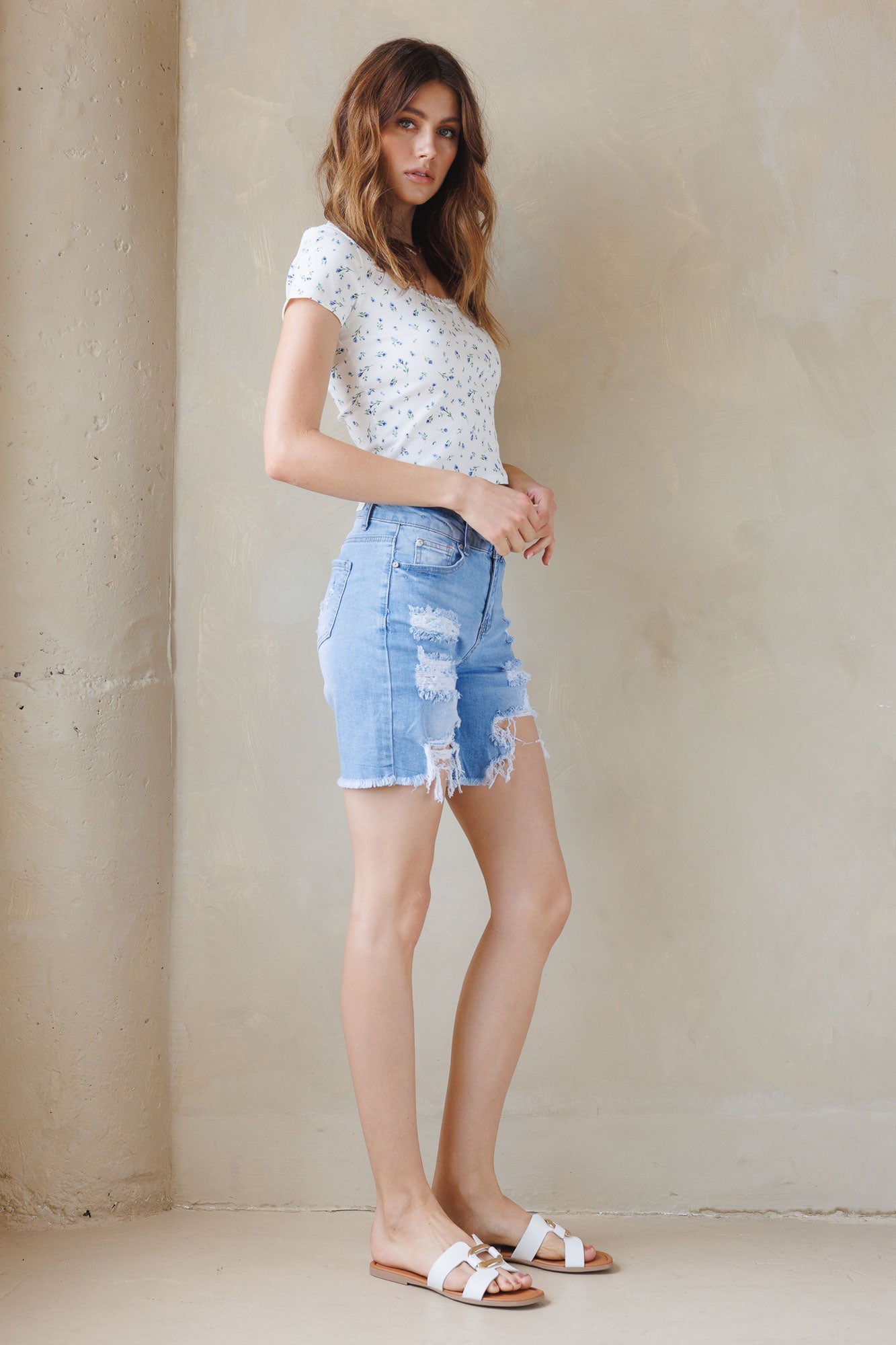 High Rise Destructed Bermuda Denim Shorts