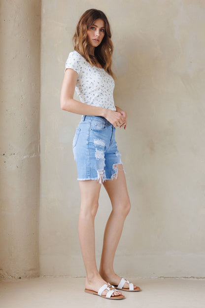 High Rise Destructed Bermuda Denim Shorts