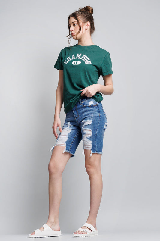 Mid Rise Heavy Destructed Bermuda Denim Shorts