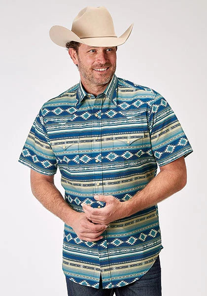 Roper 1899 Aztec Blanket Print (Blue) - Men's Short Sleeve Shirt