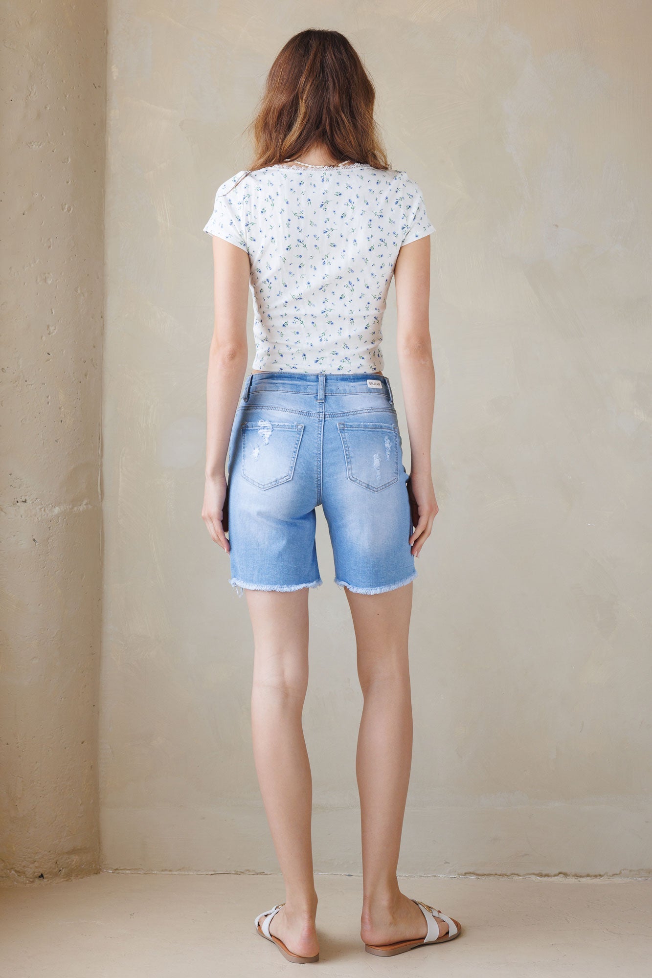 High Rise Destructed Bermuda Denim Shorts