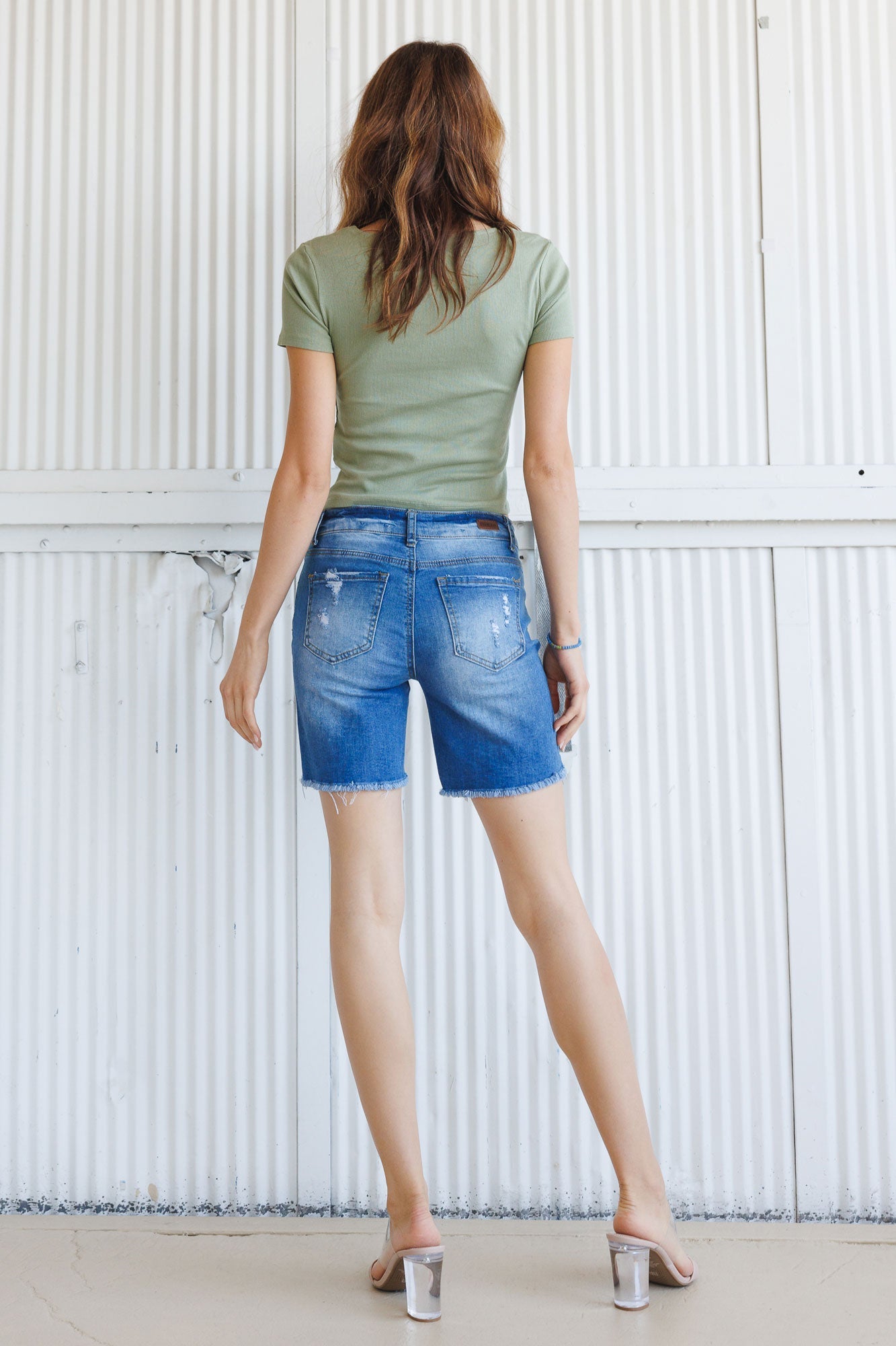 High Rise Destructed Bermuda Denim Shorts