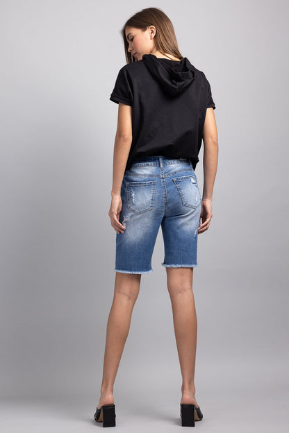 Mid Rise Heavy Destructed Bermuda Denim Shorts