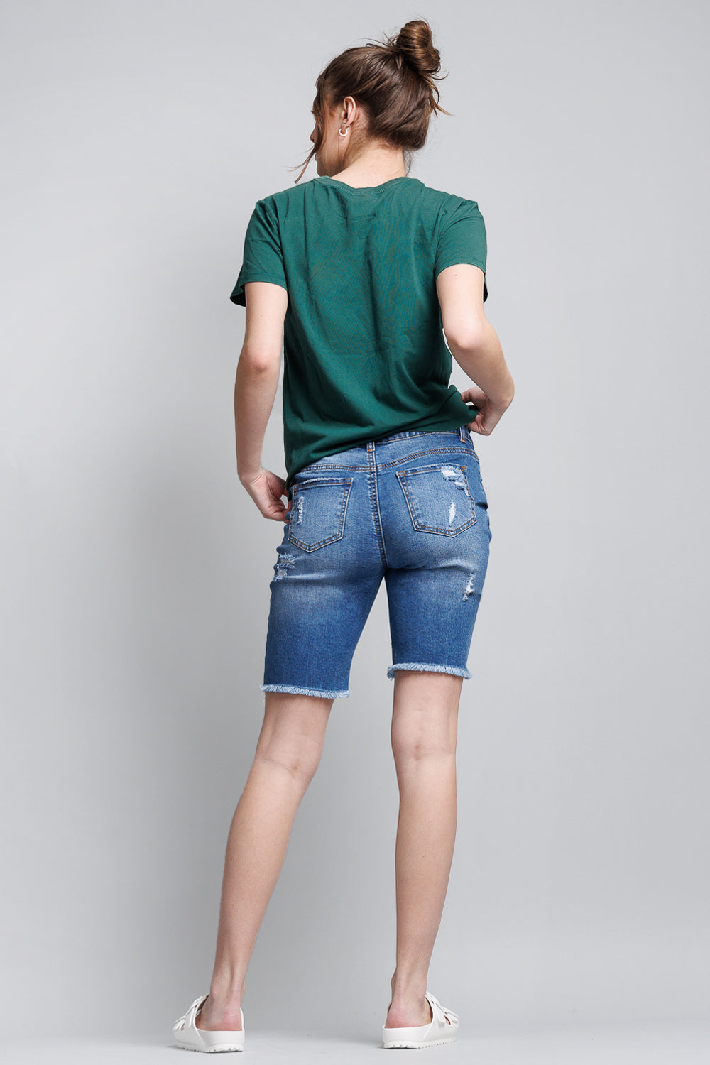 Mid Rise Heavy Destructed Bermuda Denim Shorts