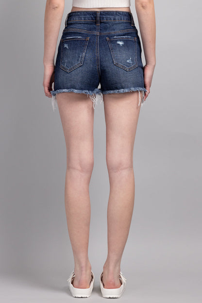 High Rise 5 Button Destructed Denim Shorts