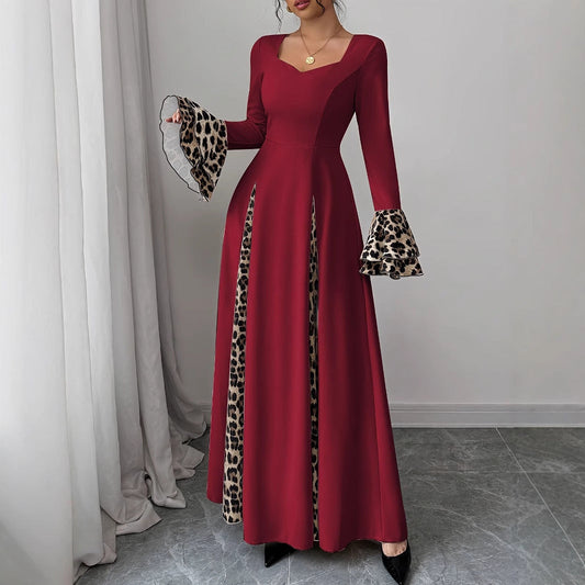 European And American Women's Clothing Leopard Print Contrast Color Long Dress