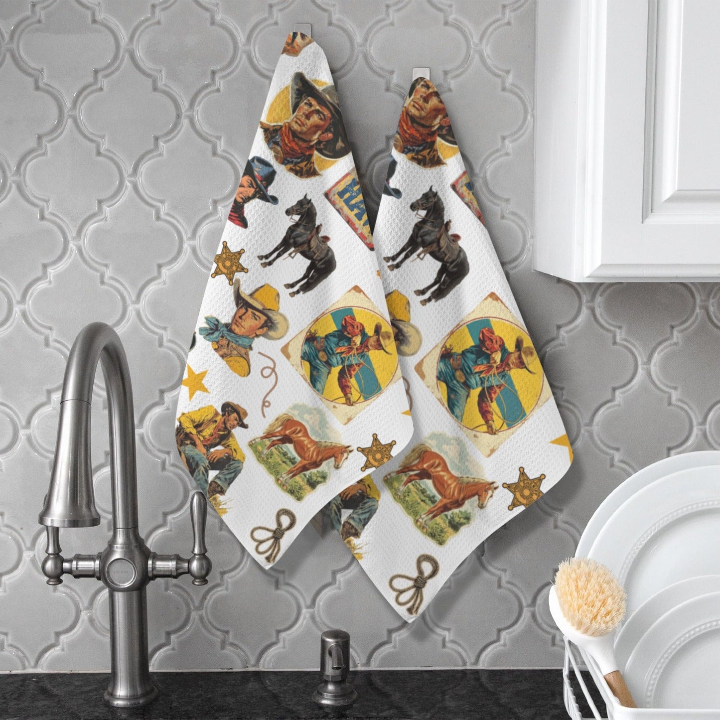Baha Ranch Vintage Cowboy Collage Dish Towel Set of 2 Made in America