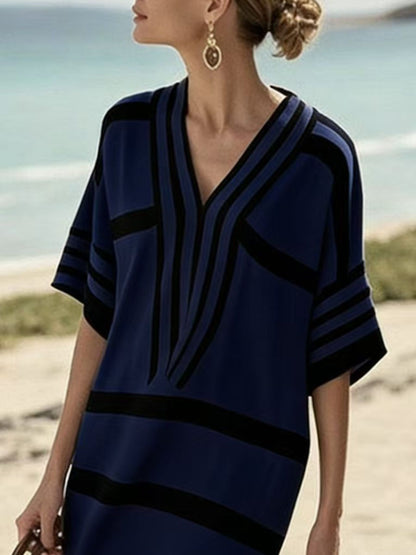 Full Size Striped Half Sleeve Midi Dress Plus Size