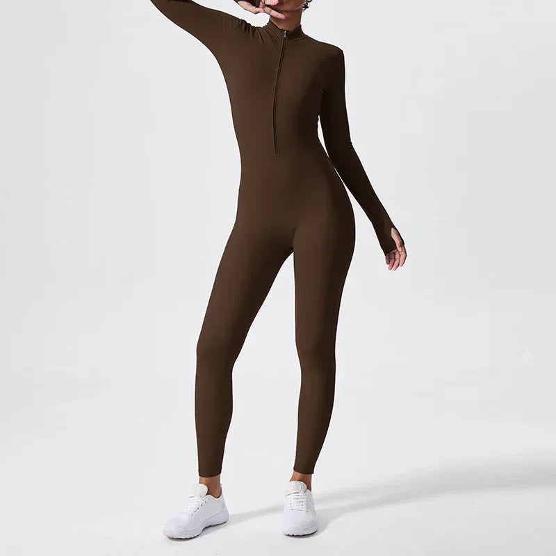 Da Beach Wear Women’s Compression Zip-Up Workout Jumpsuit - Long Sleeve Yoga Bodysuit