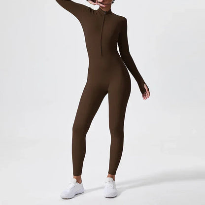 Da Beach Wear Women’s Compression Zip-Up Workout Jumpsuit - Long Sleeve Yoga Bodysuit