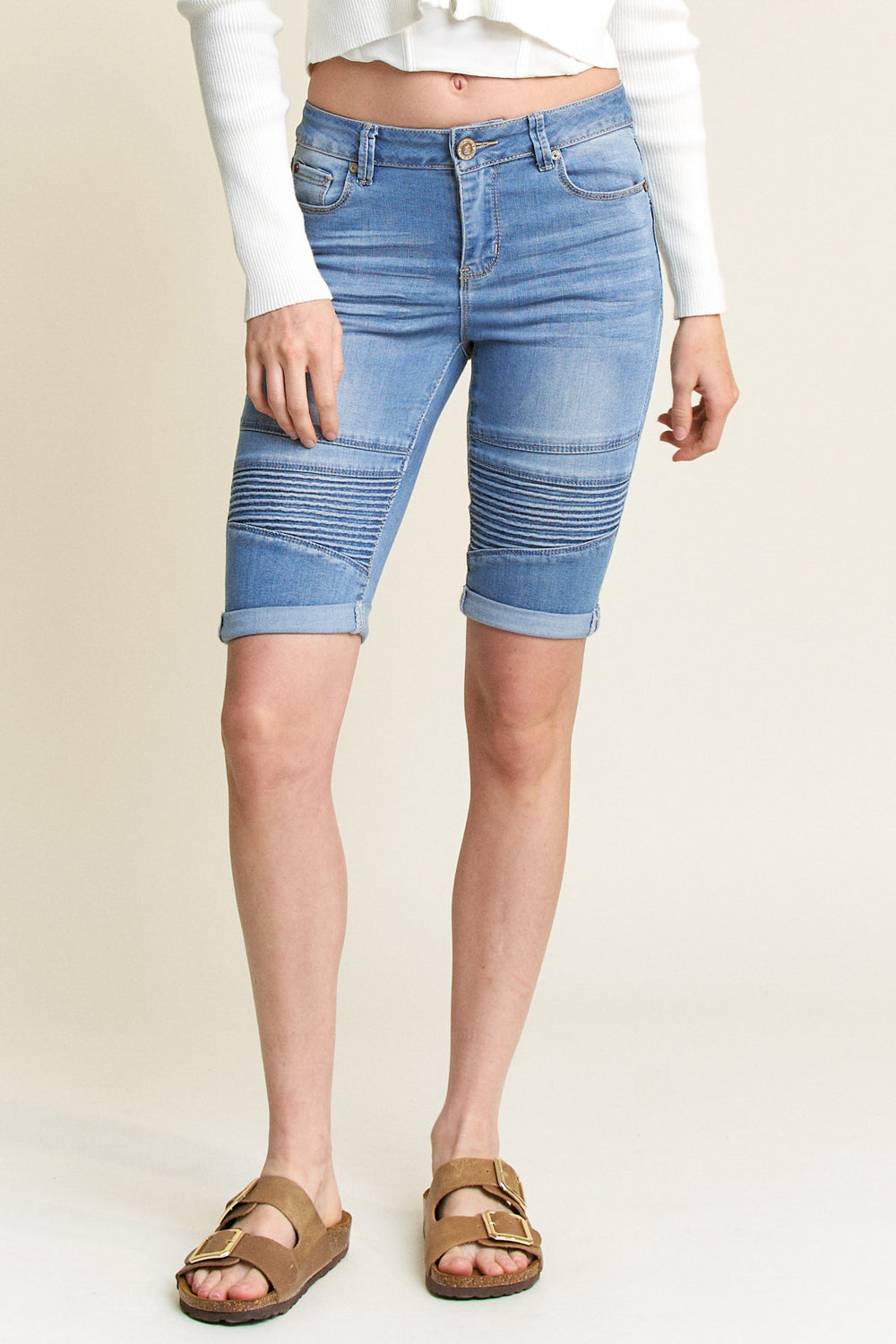 Mid Rise 5 Pocket Bermuda Denim Shorts