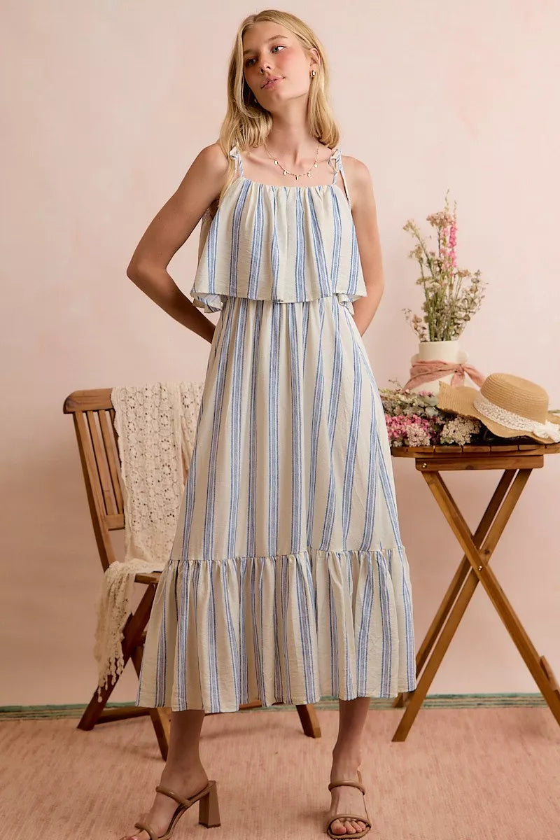 Stripe Tiered Shoulder Tie Midi Lined Dress