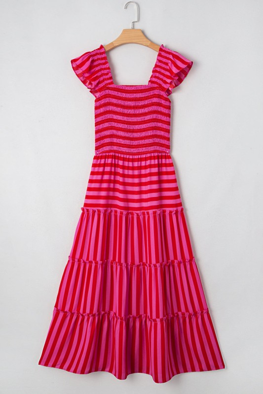 Stripe Smocked Bodice Flutter Sleeve Tiered Maxi D