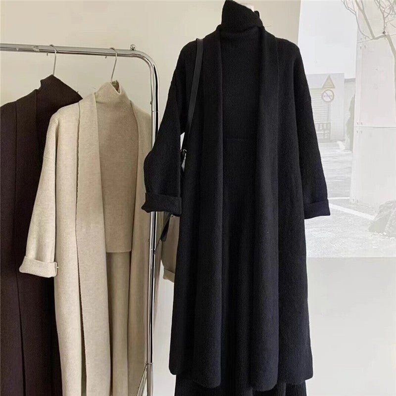 Fashionable Knitted Long Cardigan And Short Sweater Set With Half Skirt