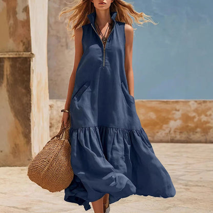 Women's Sleeveless Resort Dress – Loose Fit Zipper Detail