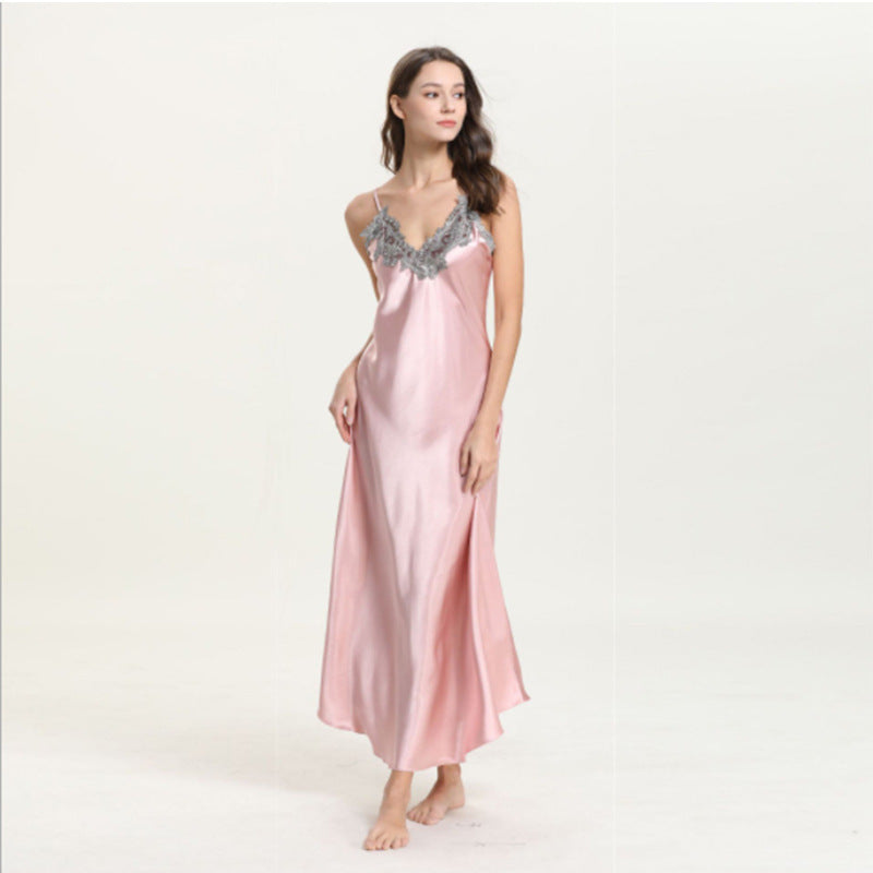 Imitated Silk Lace Sexy V-neck Long Slip Nightdress Pajamas Homewear