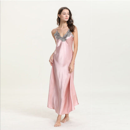 Imitated Silk Lace Sexy V-neck Long Slip Nightdress Pajamas Homewear