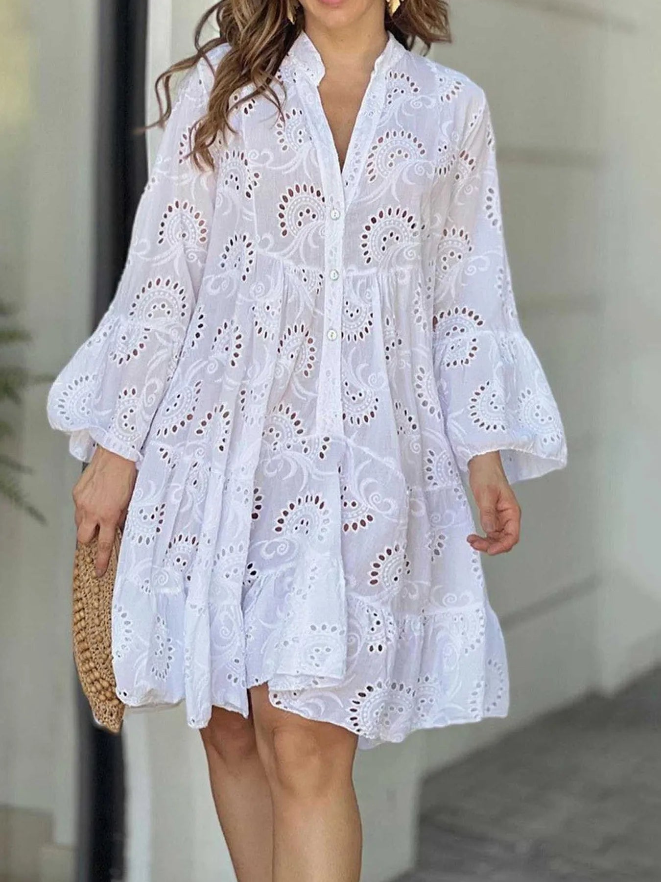 Eyelet Ruffled Hem Tiered Dress