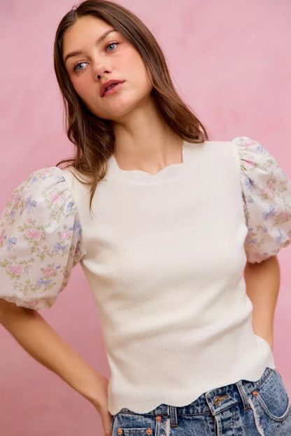 SO ME Floral Cotton Contrast Sleeves Scallop Sweater Top
