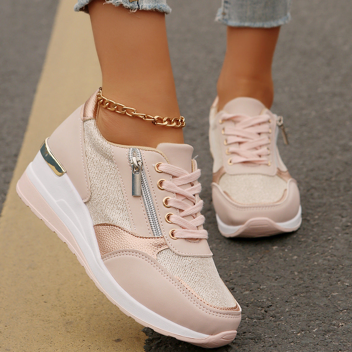 Metallic Lace-Up Side Zipper Thick-Sole Sneakers – 3 Colors EU 37–44