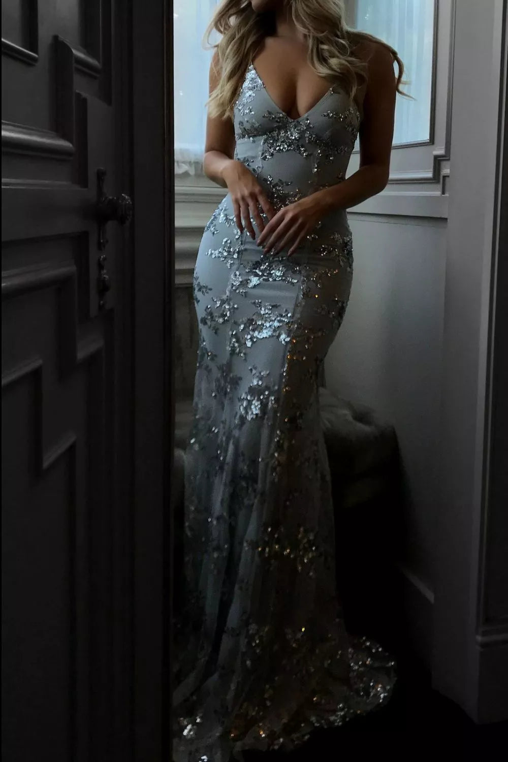 Sequin Tie Back V-Neck Maxi Dress