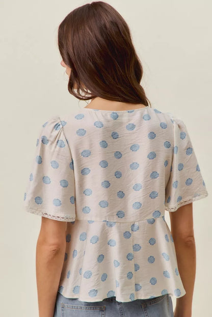 SO ME Shell Print Tie Front Flutter Sleeves Blouse Top