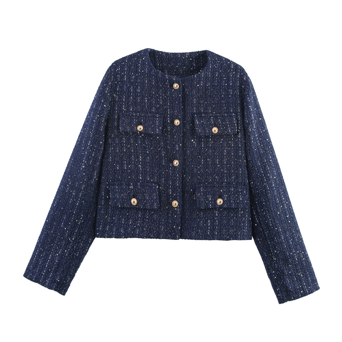 Pocket-decorated Crew-neck Cropped Chic Chanel-style Jacket Top