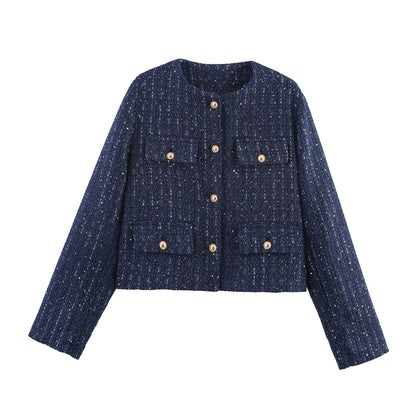 Pocket-decorated Crew-neck Cropped Chic Chanel-style Jacket Top