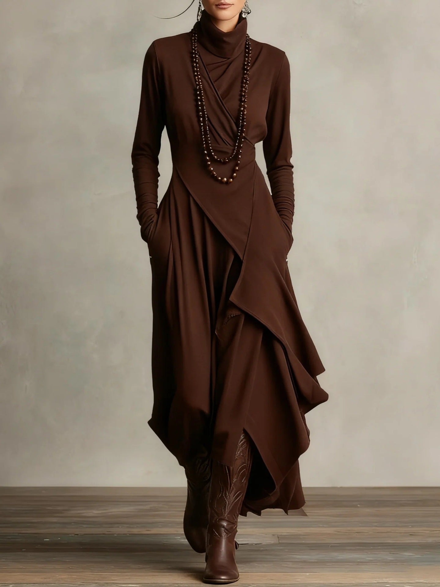 Women's Solid Color Cross-sleeve High-neck Dress