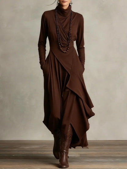 Women's Solid Color Cross-sleeve High-neck Dress