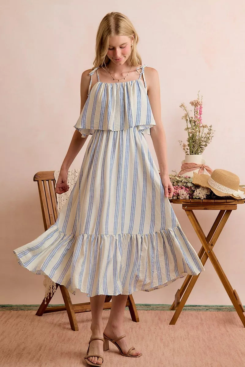 SO ME Stripe Tiered Shoulder Tie Midi Lined Dress