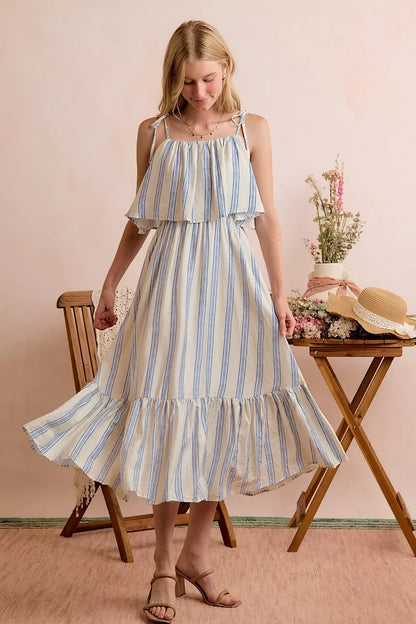 SO ME Stripe Tiered Shoulder Tie Midi Lined Dress