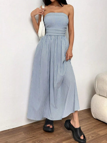 Striped Strapless Casual Maxi Dress