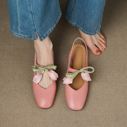 Women's French Style Leather Headband Sandals – Mid-Heel Round Toe
