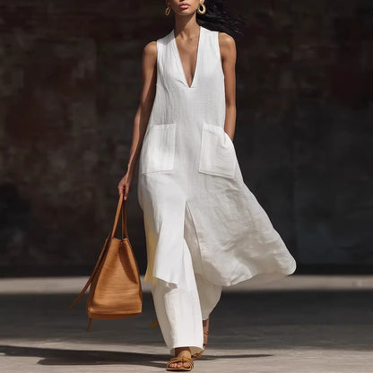 Women's V-Neck Sleeveless Linen Dress Set – Casual Chic