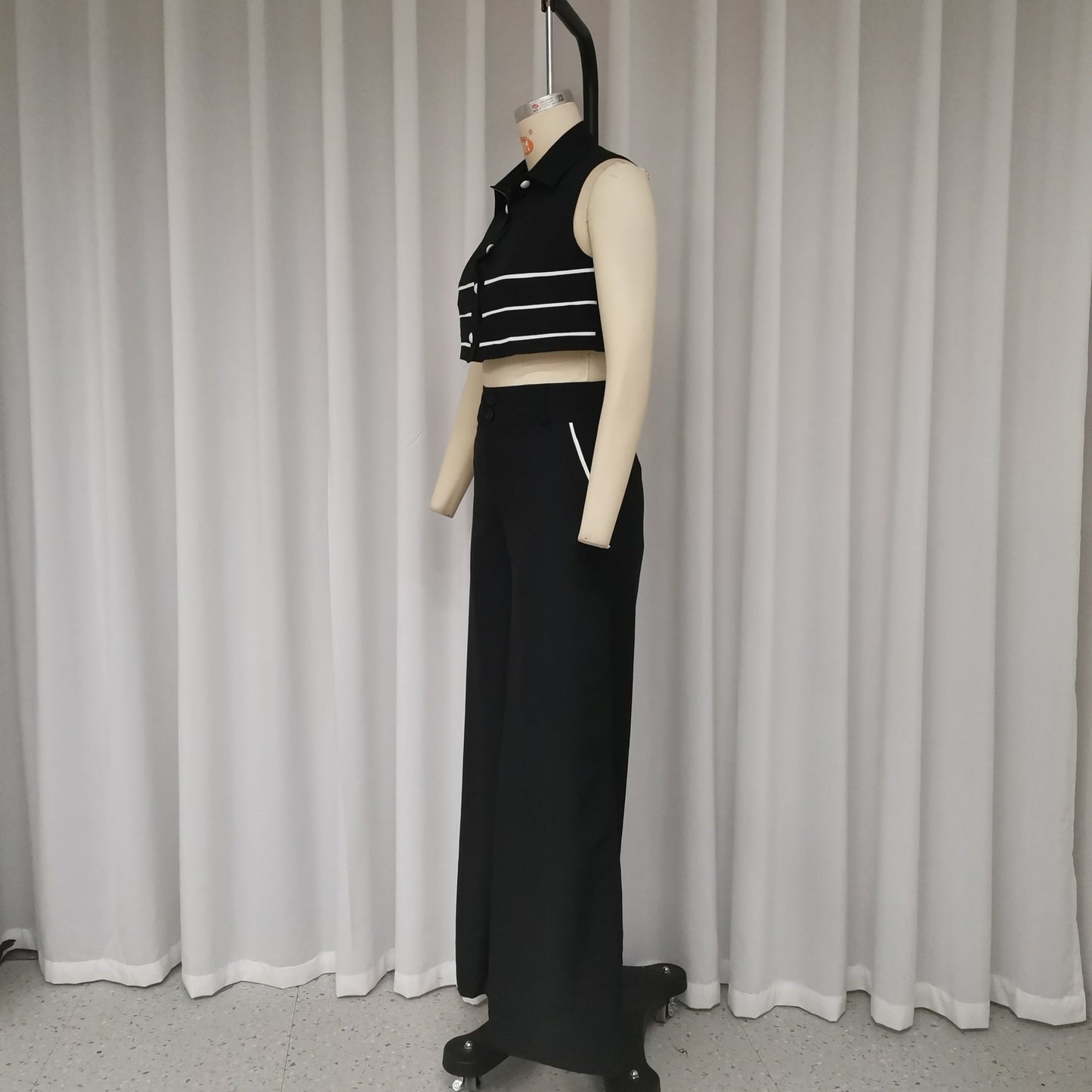 European And American Women's Autumn New Fashion Polo Collar Sleeveless Top Pants Two-piece Suit