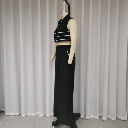 European And American Women's Autumn New Fashion Polo Collar Sleeveless Top Pants Two-piece Suit