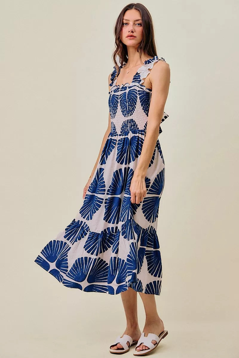 Abstract Print Smocked Bodice Tiered Lined Midi Dress