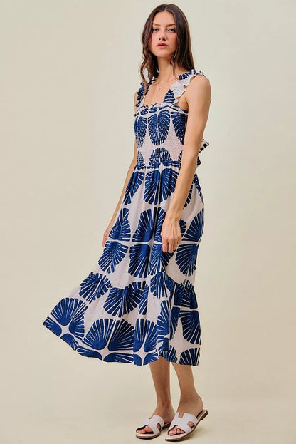 Abstract Print Smocked Bodice Tiered Lined Midi Dress