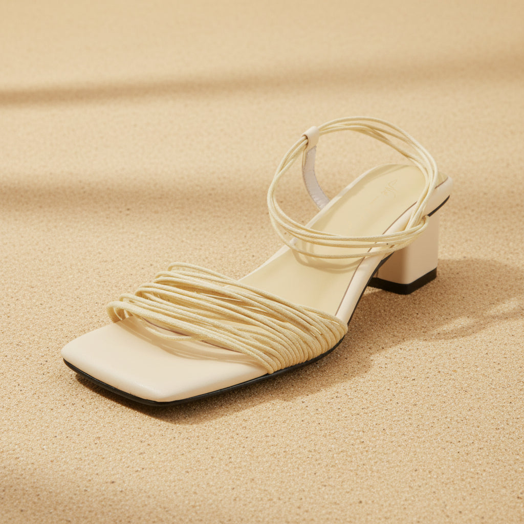 Women's Square-Toe Block Heel Sandals – Multi-Strap Ankle Wrap Mid-Heel Shoes with Pigskin Lining