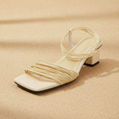 Women's Square-Toe Block Heel Sandals – Multi-Strap Ankle Wrap Mid-Heel Shoes with Pigskin Lining