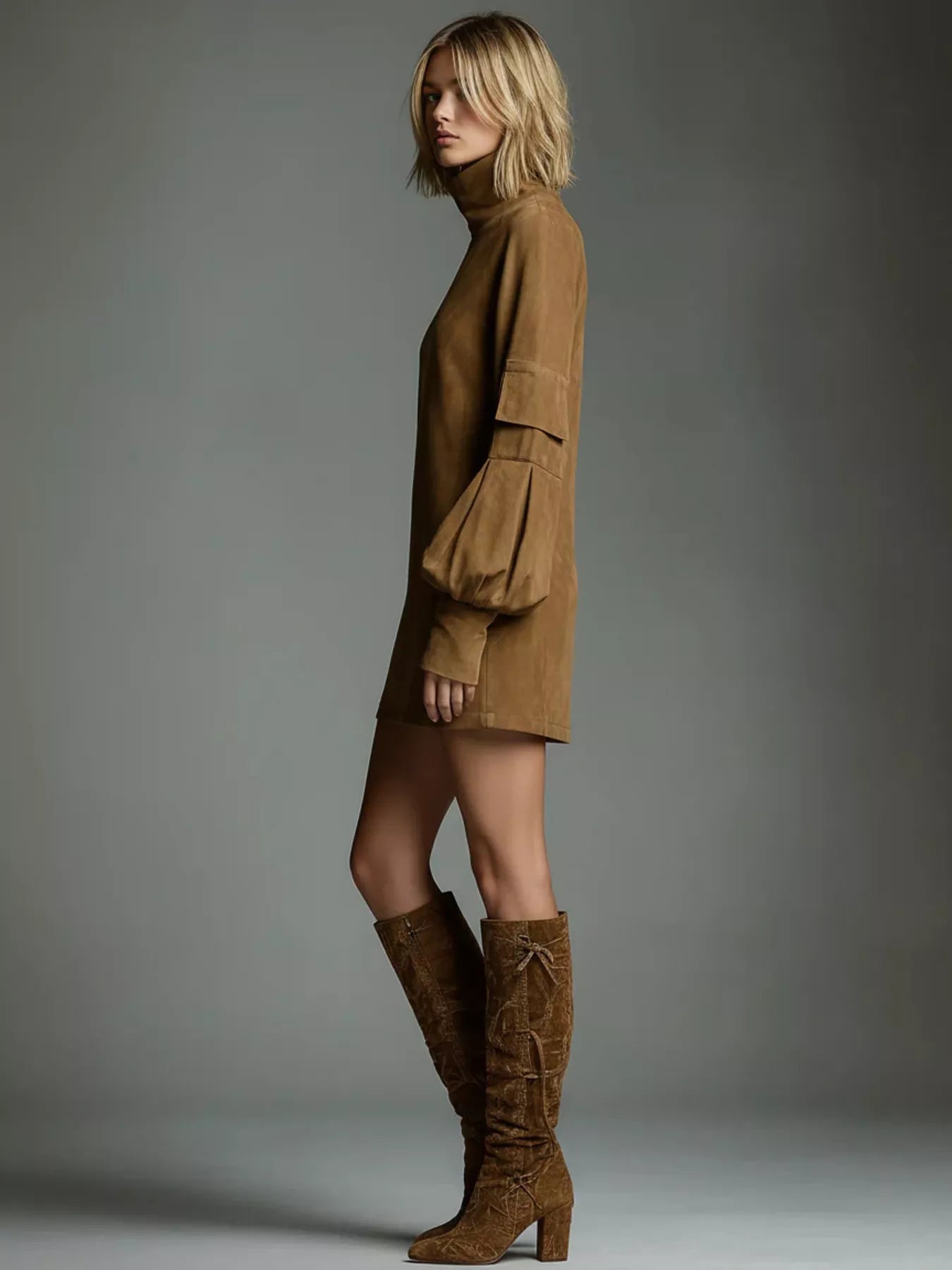 Suede Turtleneck Lantern Sleeve Mini Dress