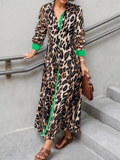 Leopard Print Long Sleeve Shirt Dress with Contrast Trim