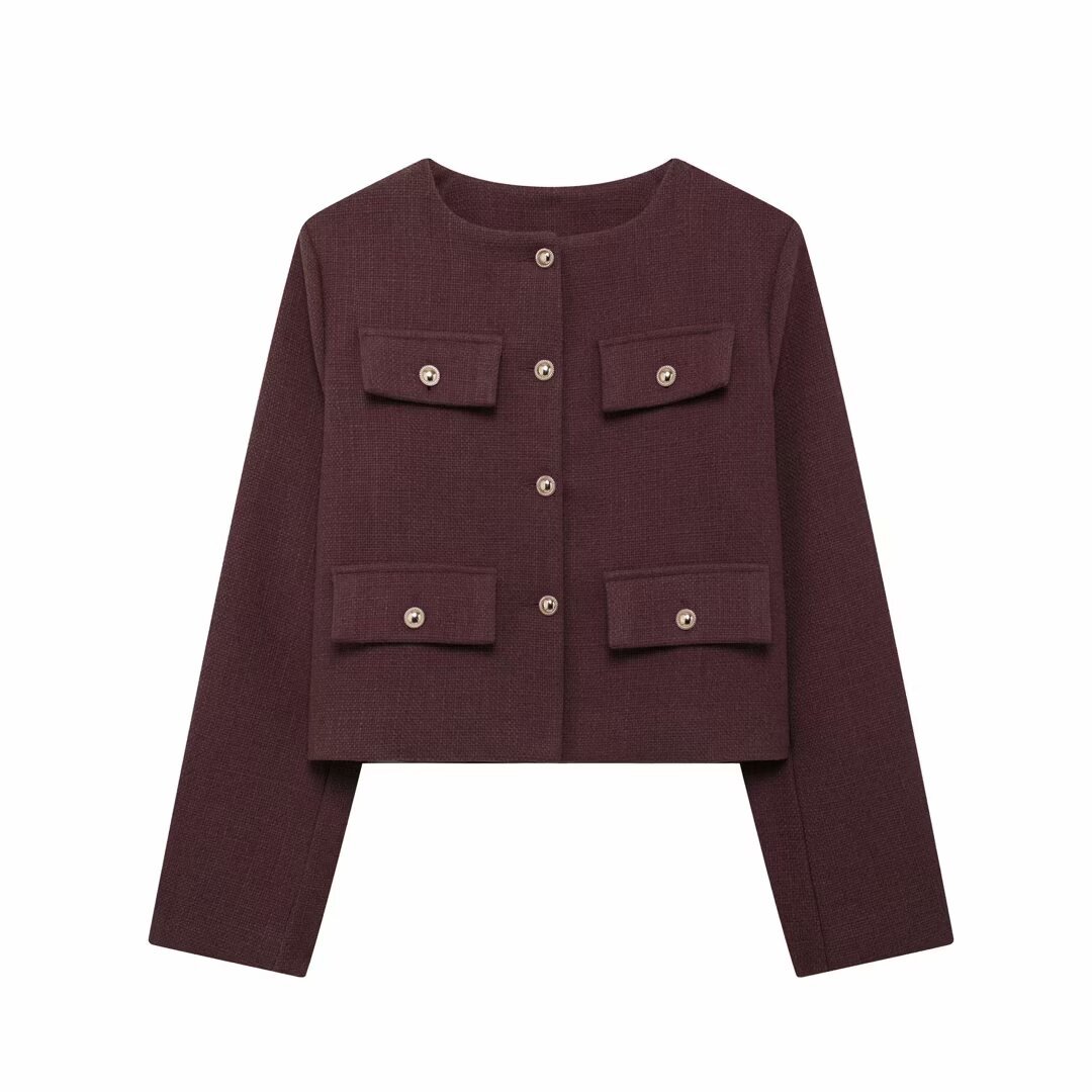 Pocket-decorated Crew-neck Cropped Chic Chanel-style Jacket Top