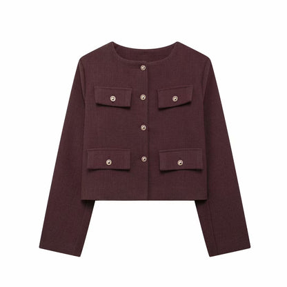 Pocket-decorated Crew-neck Cropped Chic Chanel-style Jacket Top